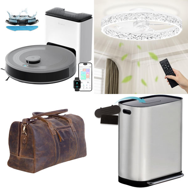 Source photograph for Pallet – Home, Garden & Travel – Robot Vacuum, Leather Duffel, Air Fryer, Ceiling Fan, Garden Tools