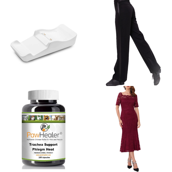 Source photograph for Pallet – Mixed Goods – Charging Cradles, Dog Remedies, Men's Trousers, Wedding Dresses, Curtains, Human Hair