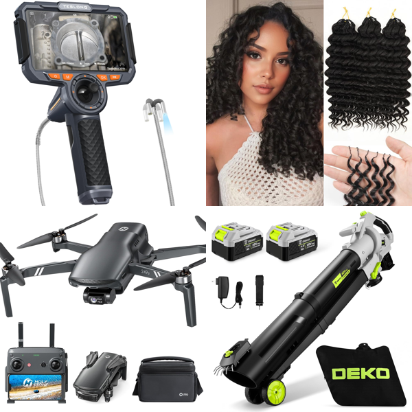 Source photograph for Pallet – Mixed Consumer Goods – Drone, Borescope Camera, Stand Mixer, Frying Pan Set