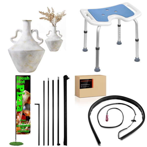 Source photograph for Pallet – Mixed Household Goods – Vase, Flagpole, Shower Stool, Car Part, Door Mat, Glass Jars, Rubber Mat