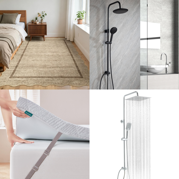 Source photograph for Pallet – Mixed Goods – Rugs, Mattress Toppers, Shower Systems, Ice Baths, Kids' Scooters