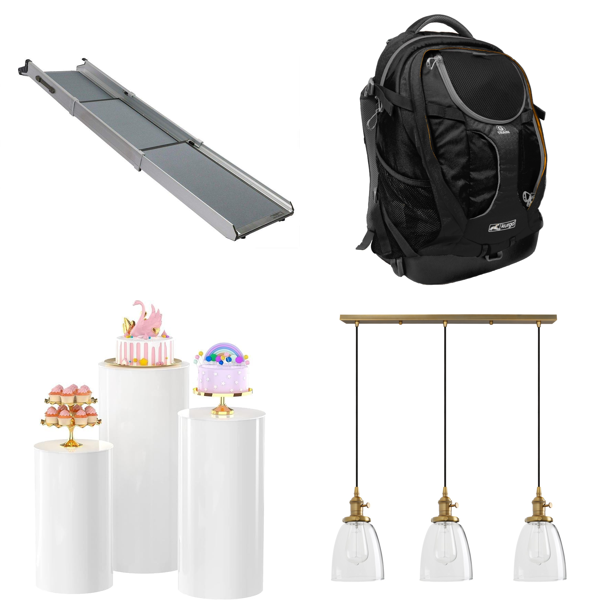 Source photograph for Pallet – Mixed Goods – Dog Ramps, Pet Carriers, Light Fixtures, Bluetooth Speakers