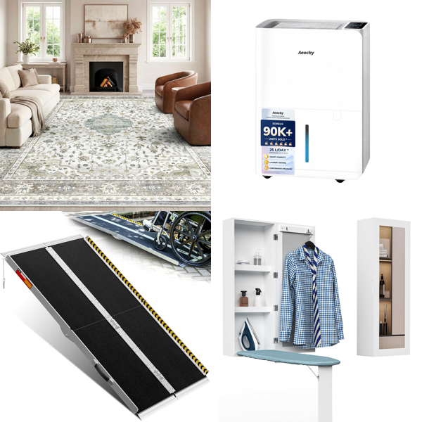 Source photograph for Pallet – Mixed Goods – Area Rug, Wheelchair Ramp, Dehumidifier, Ironing Board, Light Box, Pressure Washer