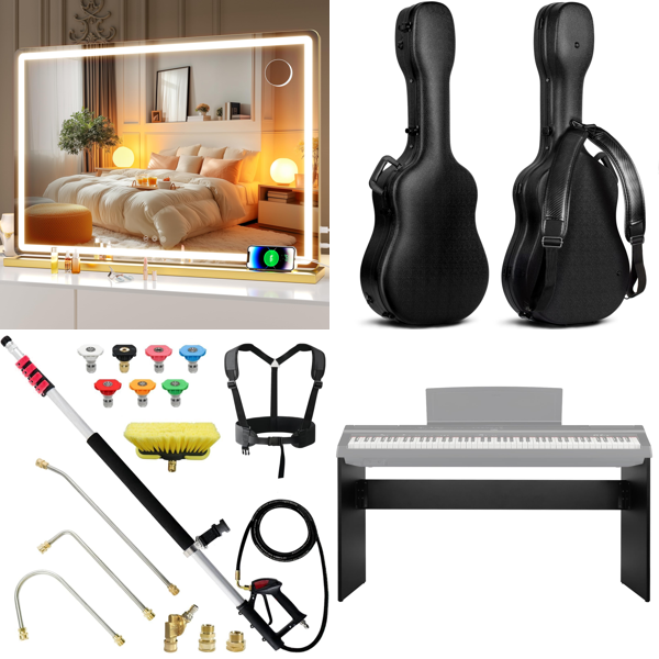 Source photograph for Pallet – Mixed Goods – Vanity Mirrors, Telescopic Wands, Guitar Cases, Stands, Projector Screens, Cleaning Tools