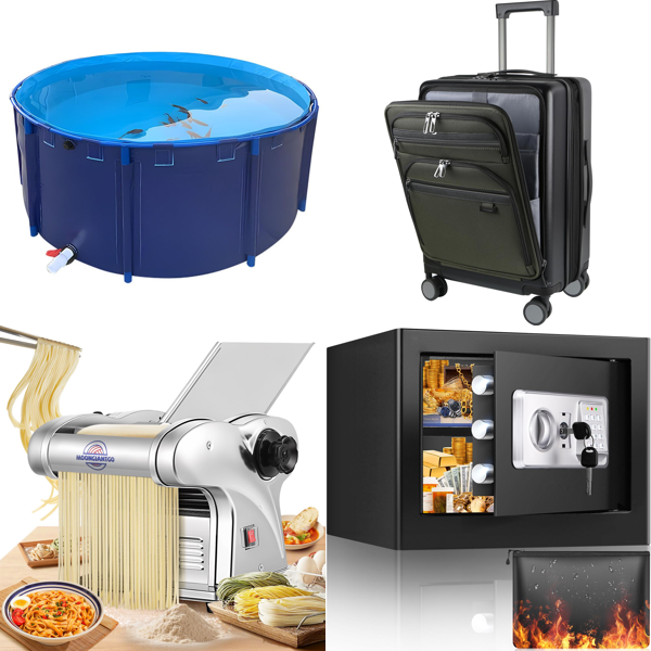 Source photograph for Pallet – Mixed Goods – Pool, Pasta Machine, Luggage, Safe, Chainsaw, Dog Ramp, Bluetooth Speaker