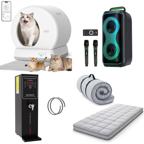 Source photograph for Pallet – Mixed Household Goods – Automatic Cat Litter Tray, Water Boiler, Karaoke System, Mattress, Planters