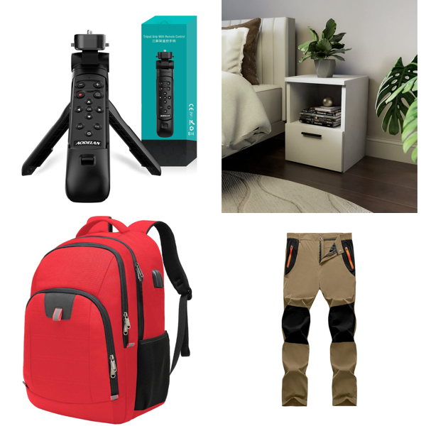 Source photograph for Pallet – Mixed Goods – Hiking Trousers, Backpacks, Bedside Tables, Console Cases, Display Stands