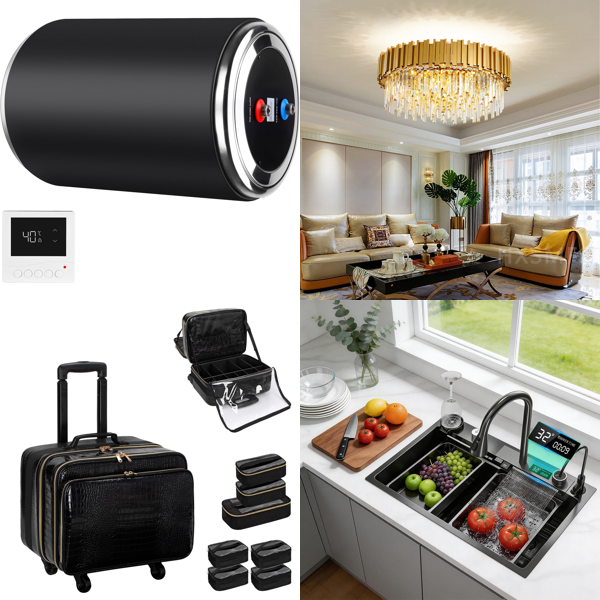 Source photograph for Pallet – Mixed Home Goods – Water Heaters, Chandeliers, Kitchen Sinks, Rugs, Artificial Plants