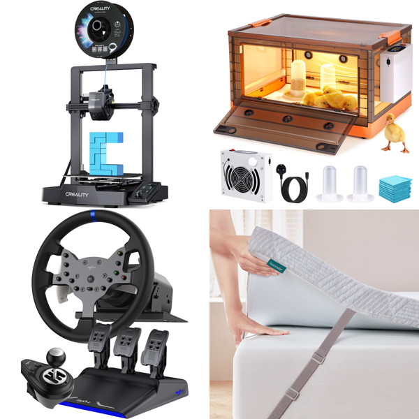 Source photograph for Pallet – Mixed Home & Garden Goods – 3D Printer, Racing Steering Wheel, Mattress Topper, Mirror, Pet Gate