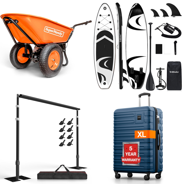 Source photograph for Pallet – Mixed Goods – Electric Wheelbarrow, SUP Boards, Large Suitcases, Metal Bed Frame