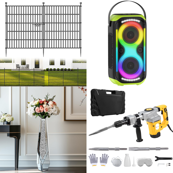 Source photograph for Pallet – Mixed Home & Outdoor – Garden Fence, Bluetooth Speaker, Demolition Hammer, Camping Furniture
