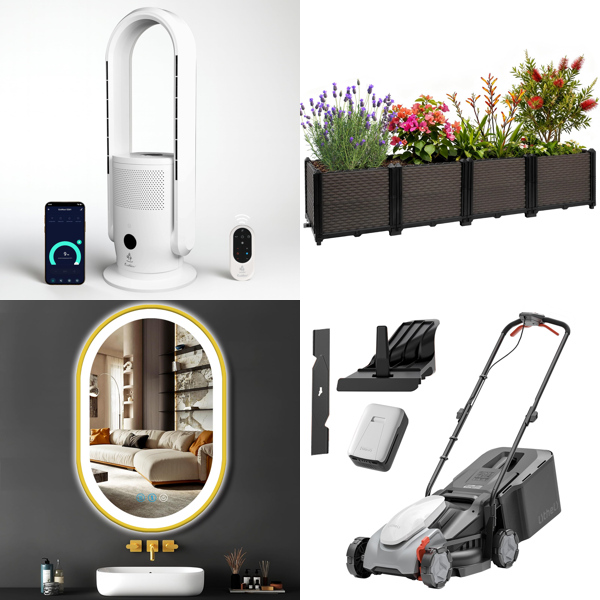 Source photograph for Pallet – Mixed Garden & Home Products – Tower Fan, Mirrors, Planter Box, Lawnmower, Step Ladder