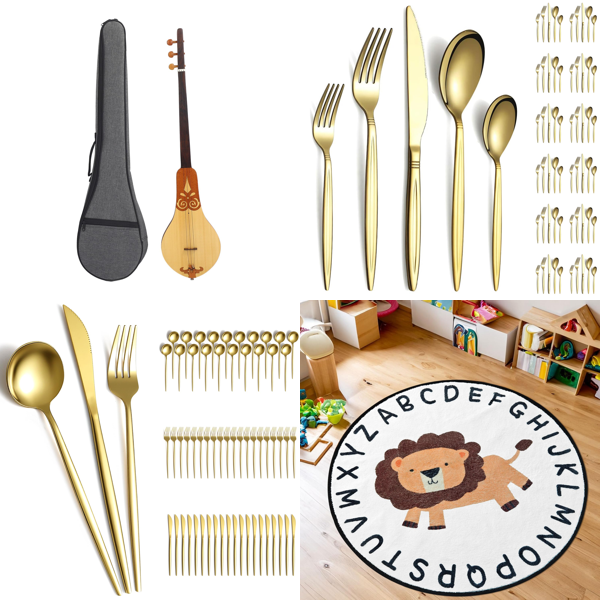 Source photograph for Pallet – Mixed Goods – Gold Cutlery, Musical Instruments, Kids' Rugs, Boards, Ramekins