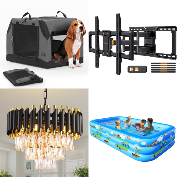 Source photograph for Pallet – Mixed Home & Commercial Goods – Dog Crates, Chandeliers, TV Brackets, Pools