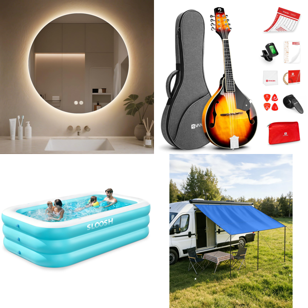 Source photograph for Pallet – Home & Garden – LED Mirrors, Inflatable Pool, Mandolin, Campervan Awning, Sun Loungers