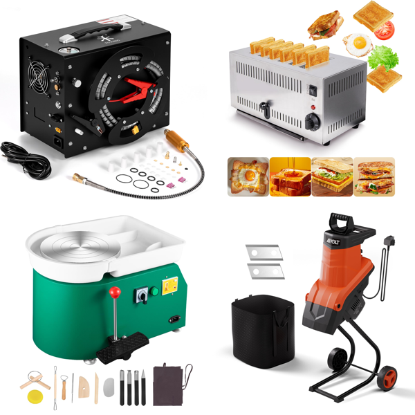Source photograph for Pallet – Mixed Goods – Compressor, Pottery Wheel, Toaster, Garden Shredder, Robot Vacuum