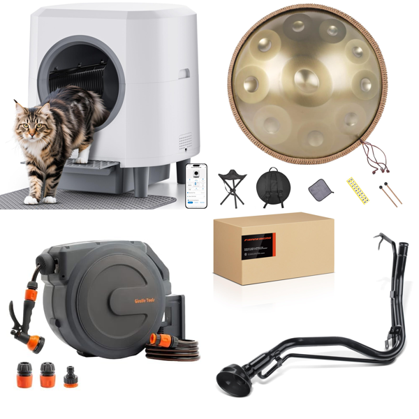 Source photograph for Pallet – Mixed Goods – Automatic Cat Litter Tray, Garden Hose Reel, Handpan Drum, Dog Car Ramps