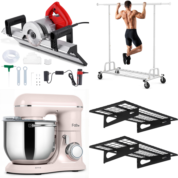 Source photograph for Pallet – Mixed Home Goods – Tile Chamfering Machine, Stand Mixer, Storage Racks, Dog Gate, Kitchen Sink, Light Fixture, Planter