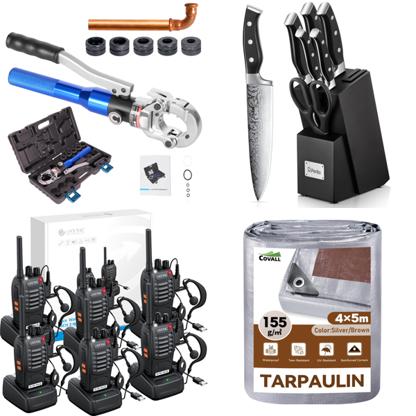 Source photograph for Pallet – Mixed Home & Garden – Crimping Pliers, Walkie-Talkies, Kitchen Knives, Tarpaulin, Lamps