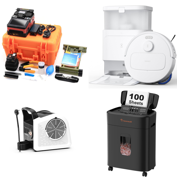 Source photograph for Pallet – Mixed Technology & Equipment – Fiber Splicer, Robot Vacuum, Shredder, Air Mover, LED Mirror
