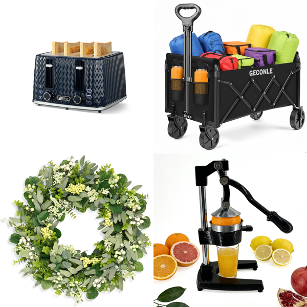 Source photograph for Pallet – Mixed Goods – Toaster, Folding Trolley, Citrus Juicer, Charger, Pet Playpen, Women's Pyjamas
