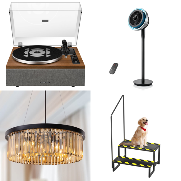 Source photograph for Pallet – Home Appliances – Record Player, Chandelier, Pedestal Fan, Espresso Machine, Deep Fryer