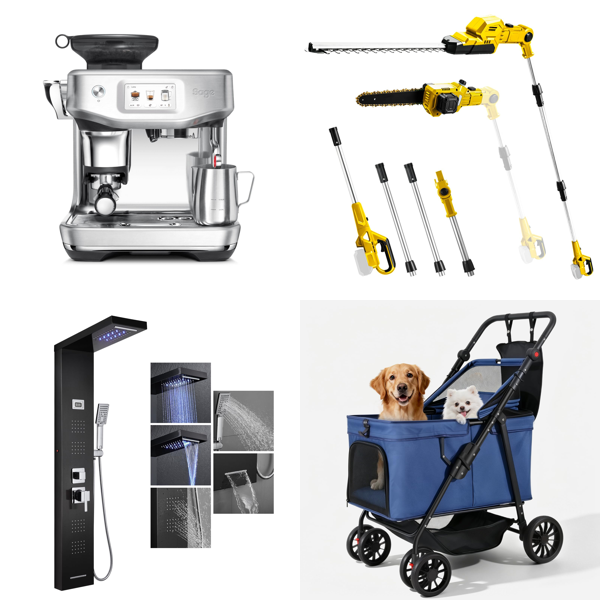 Source photograph for Pallet – Mixed Goods – Coffee Machine, Shower Panel, Garden Saws, Pet Stroller, LED Mirror