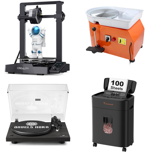 Source photograph for Pallet – Mixed Goods – 3D Printers, Turntables, Pottery Wheels, Shredders, Dog Toys
