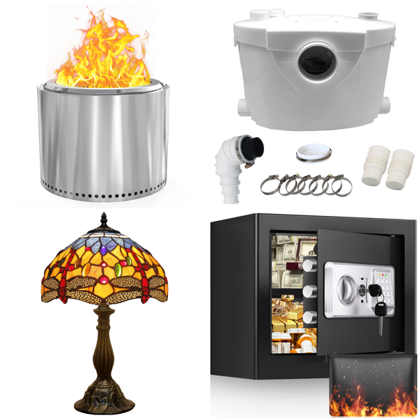 Source photograph for Pallet – Mixed Home & Pet Goods – Fire Pit, Lamp, Safe, Gates, Table, Planters, Cat Litter Box, Clothes Rail