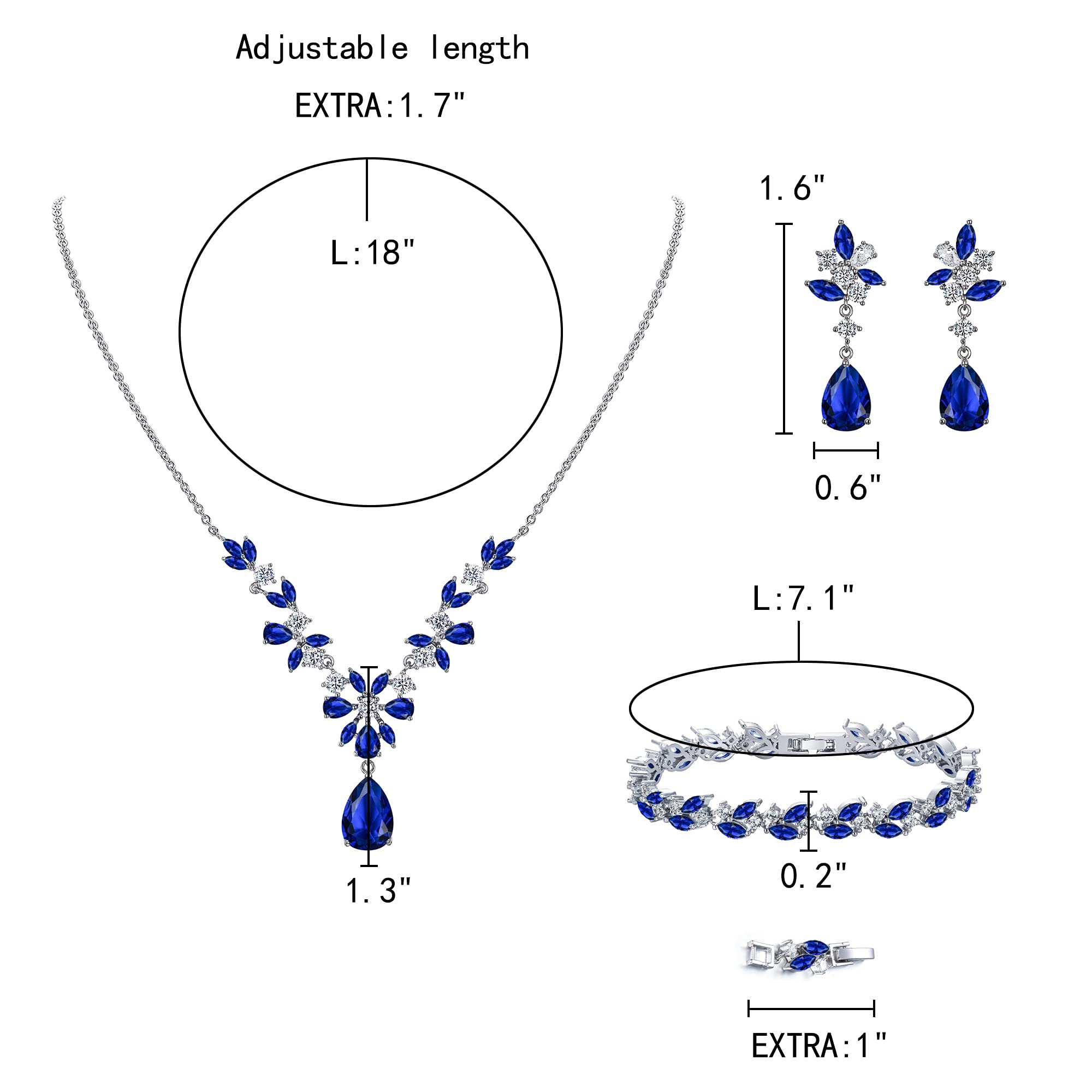 Clearine Hochzeits-Schmuckset mit Zirkonia für Braut und Brautjungfern: Kristall-Tropfenanhänger-Halskette, Tennisarmband und Chandelier-Ohrringe in Blattform für Damen, blau-silbe