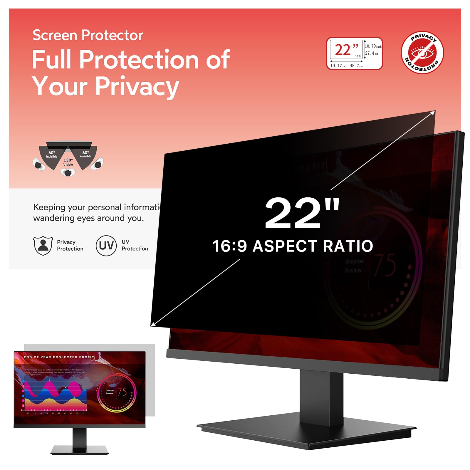BERSEM 22 Inch Monitor Computer Privacy Screen Filter for 16:9 Ratio ...