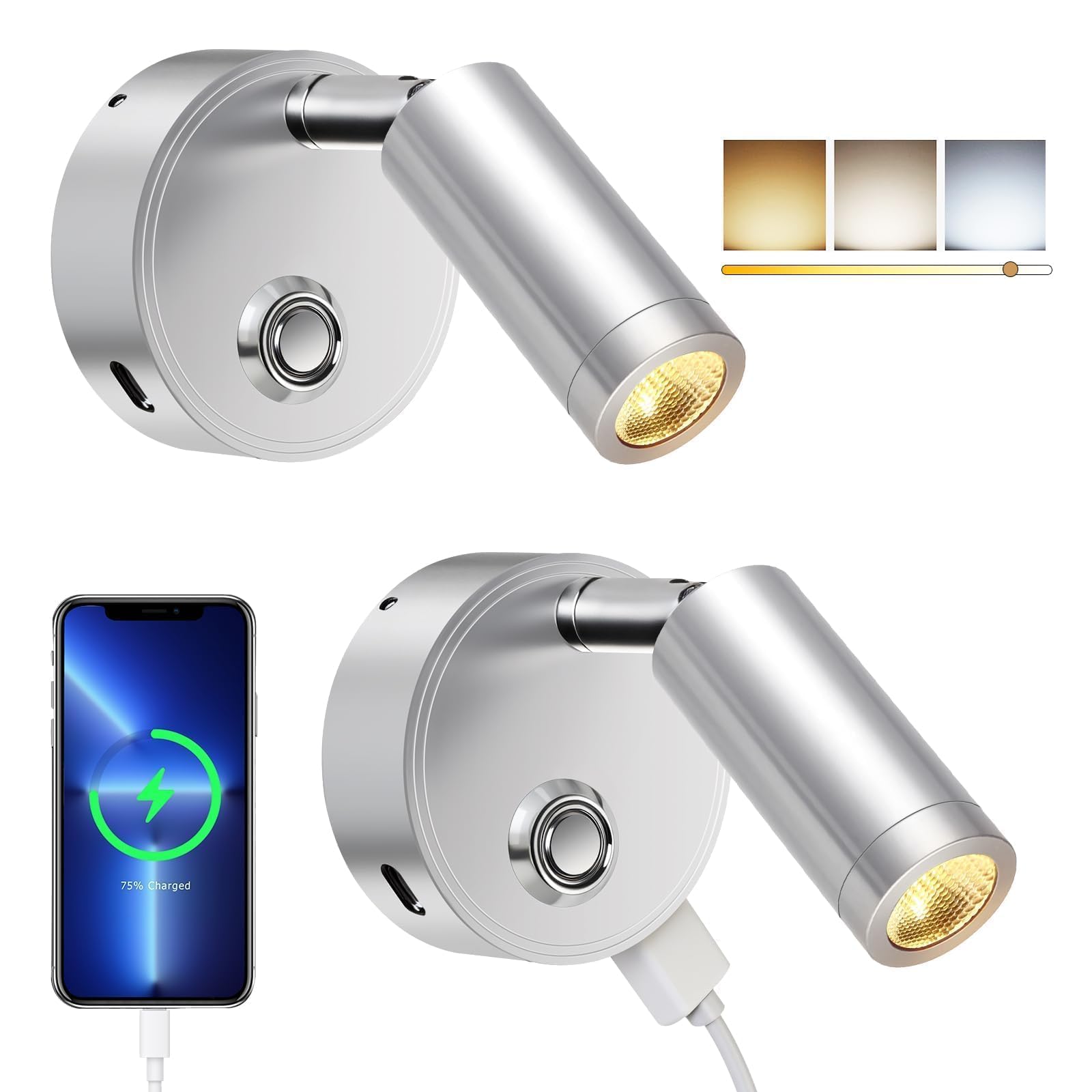 12V LED Reading Lamp Touch Dimmable 2-Pack with USB A+C Charging DC12–24V – Silver