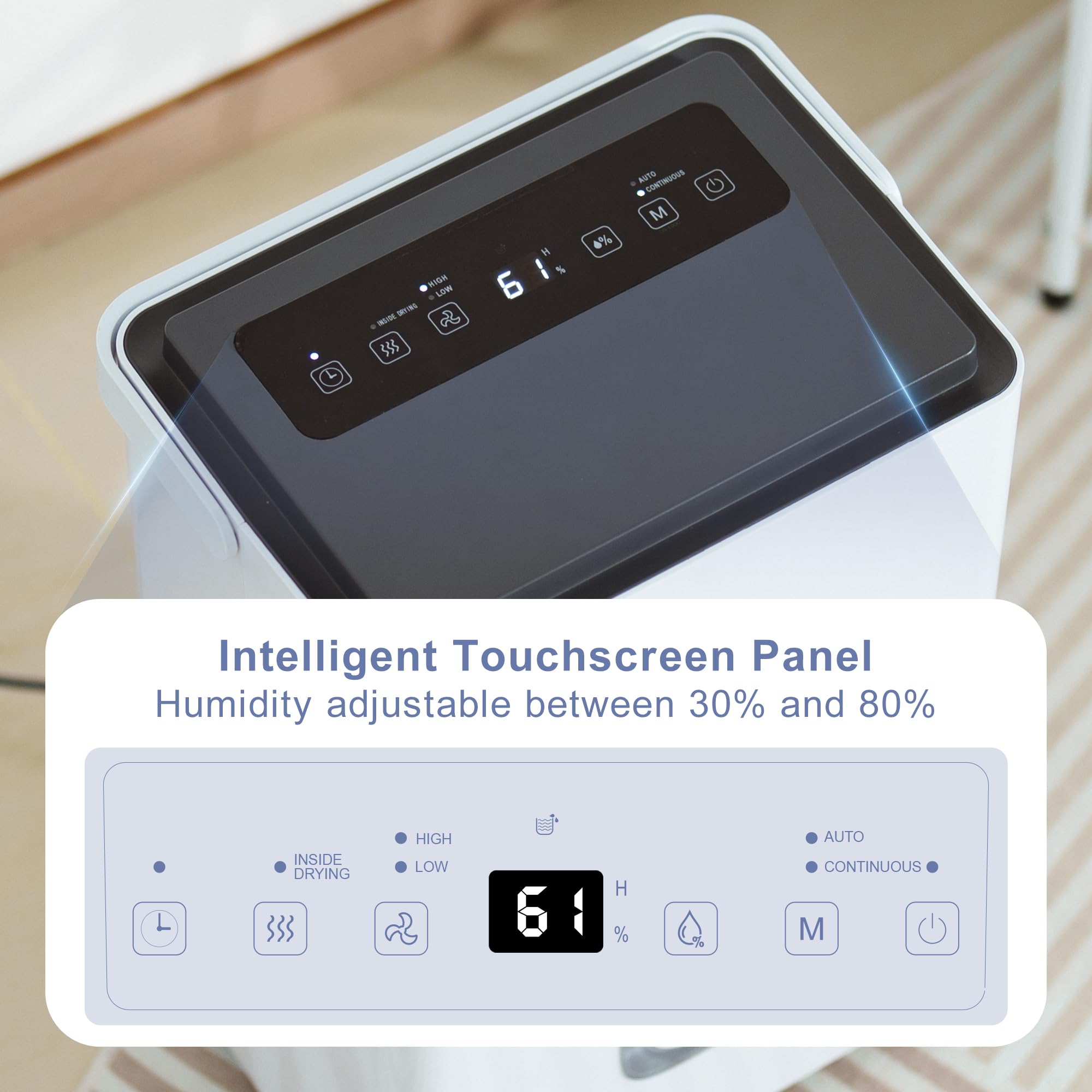 Luftentfeuchter 65 l/Tag, Smart-Touchscreen, 4,5-l-Tank, leise, tragbar, mit Schlauch – 65 l/Tag – katenpo