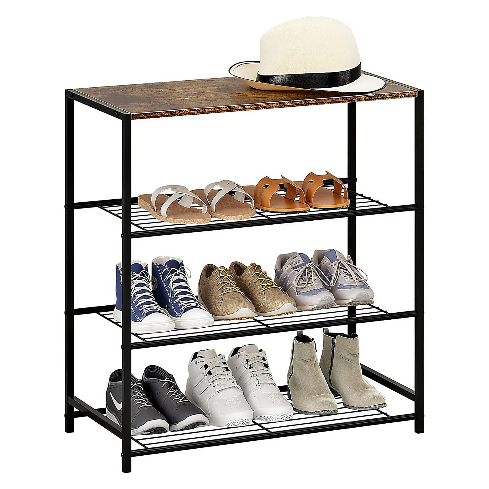Source photograph for Pallet – Shoe Rack – Four-Tier Metal Shelf, Wood Boards, Entryway Organizer
