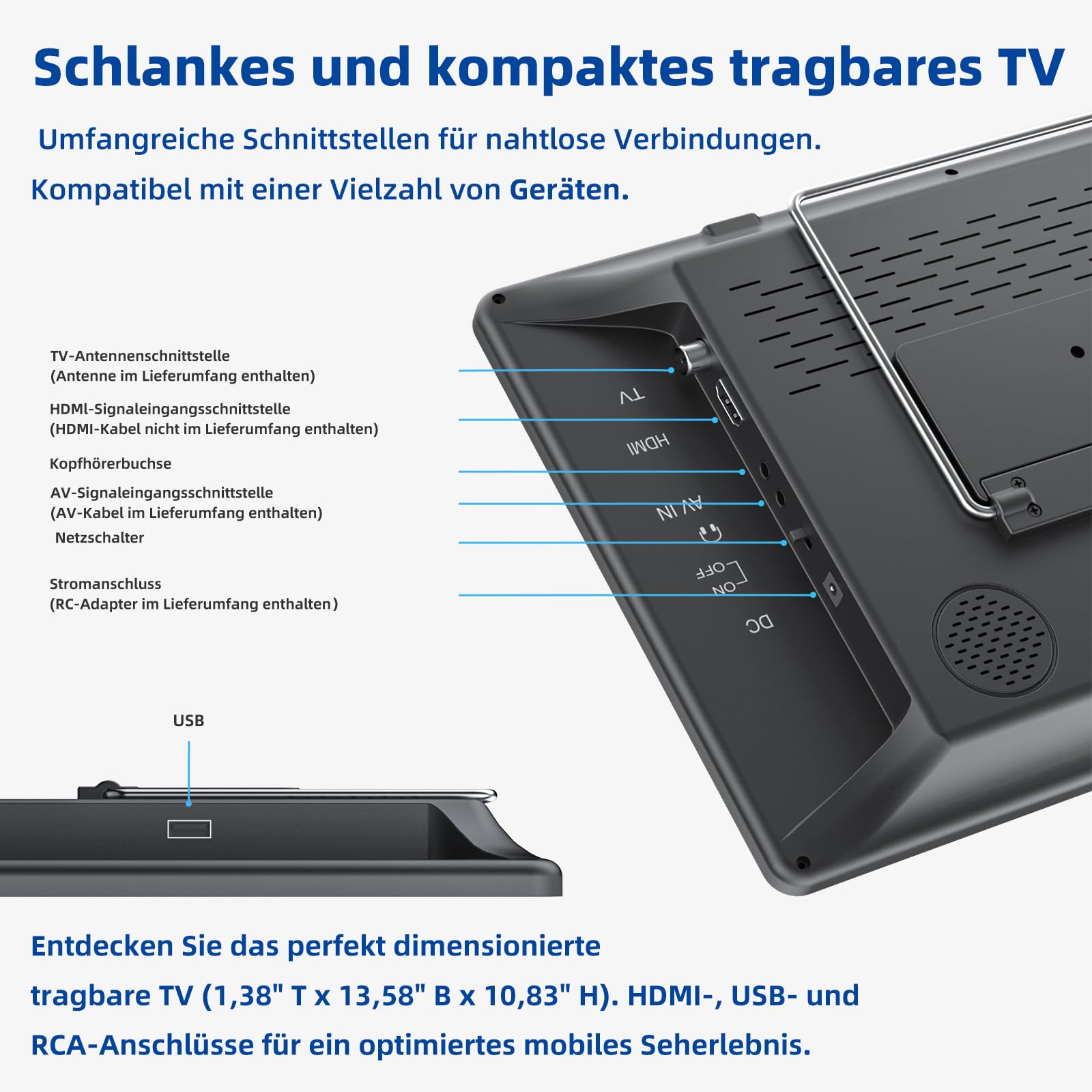 Portable LCD TV DVB-T2 Battery-Powered with Antenna – 14.3in – DESOBRY
