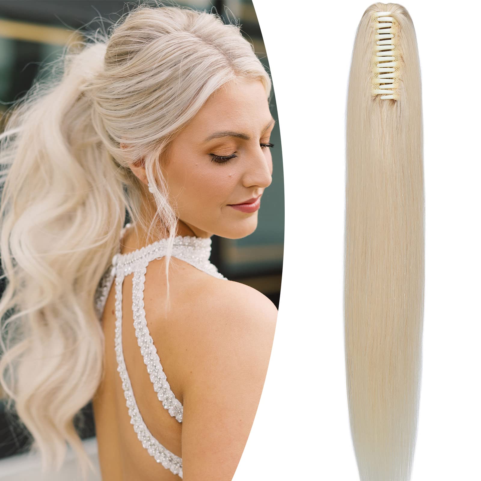 Klipsli At Kuyruğu Örgü Saç Uzantısı %100 Remy İnsan Saçı Düz ​​16" 105g – Platin Sarısı #60
