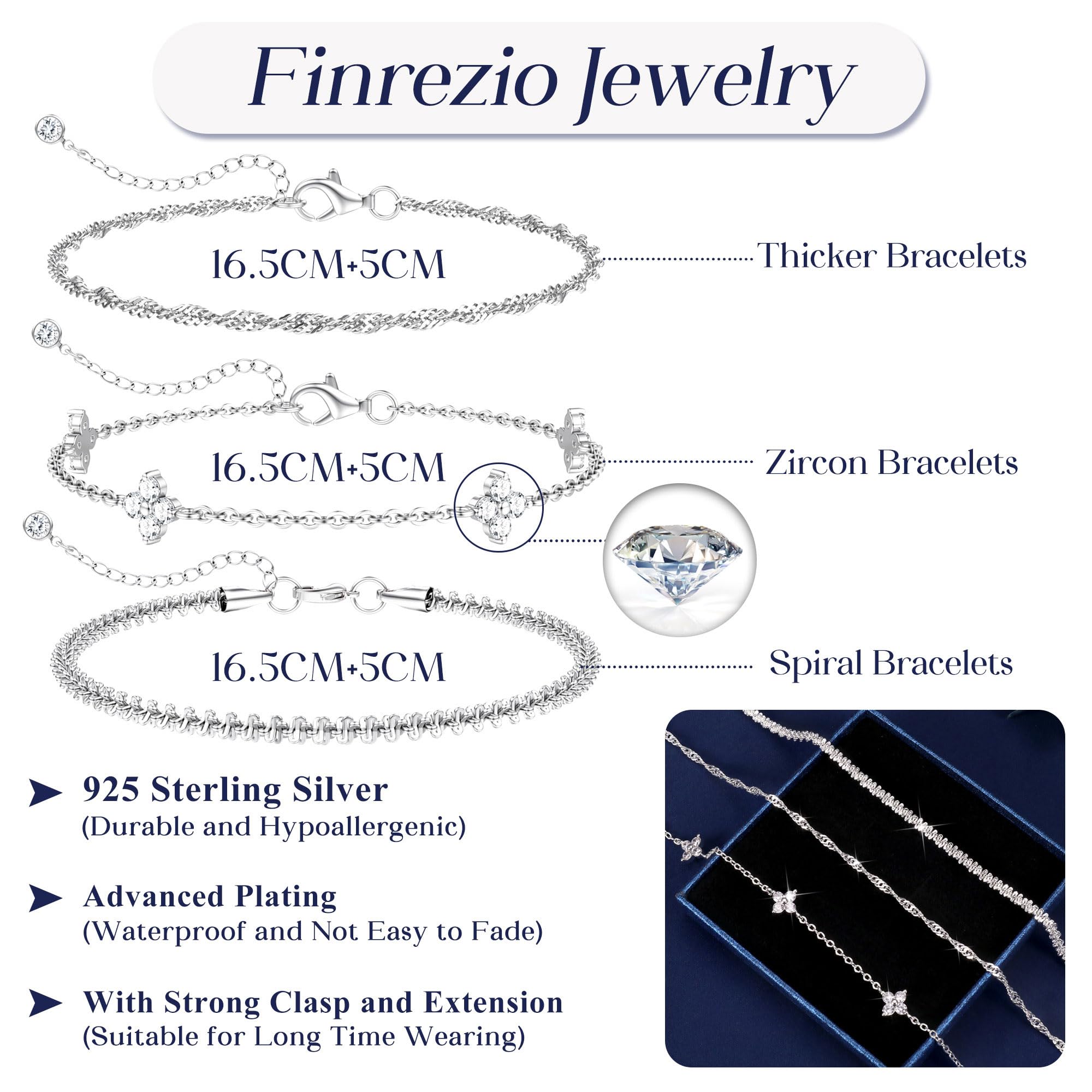 3-teiliges, stapelbares Armband-Set aus Sterlingsilber, 14-Karat-vergoldet, verstellbar, mit Zirkonia – Gold – Finrezio