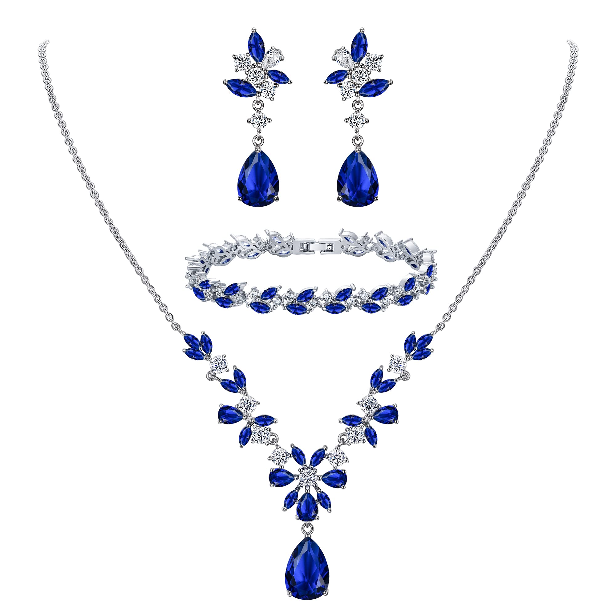 Clearine Hochzeits-Schmuckset mit Zirkonia für Braut und Brautjungfern: Kristall-Tropfen-Anhänger-Halskette, Tennisarmband und Chandelier-Blatt-Ohrhänger für Damen, blau, silberfarben – Clearine