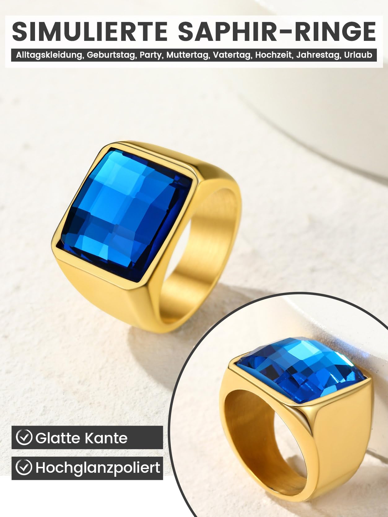 Men's Stainless Steel Signet Ring Blue Stone 15mm Wide Band – Gold 67mm – GoldChic