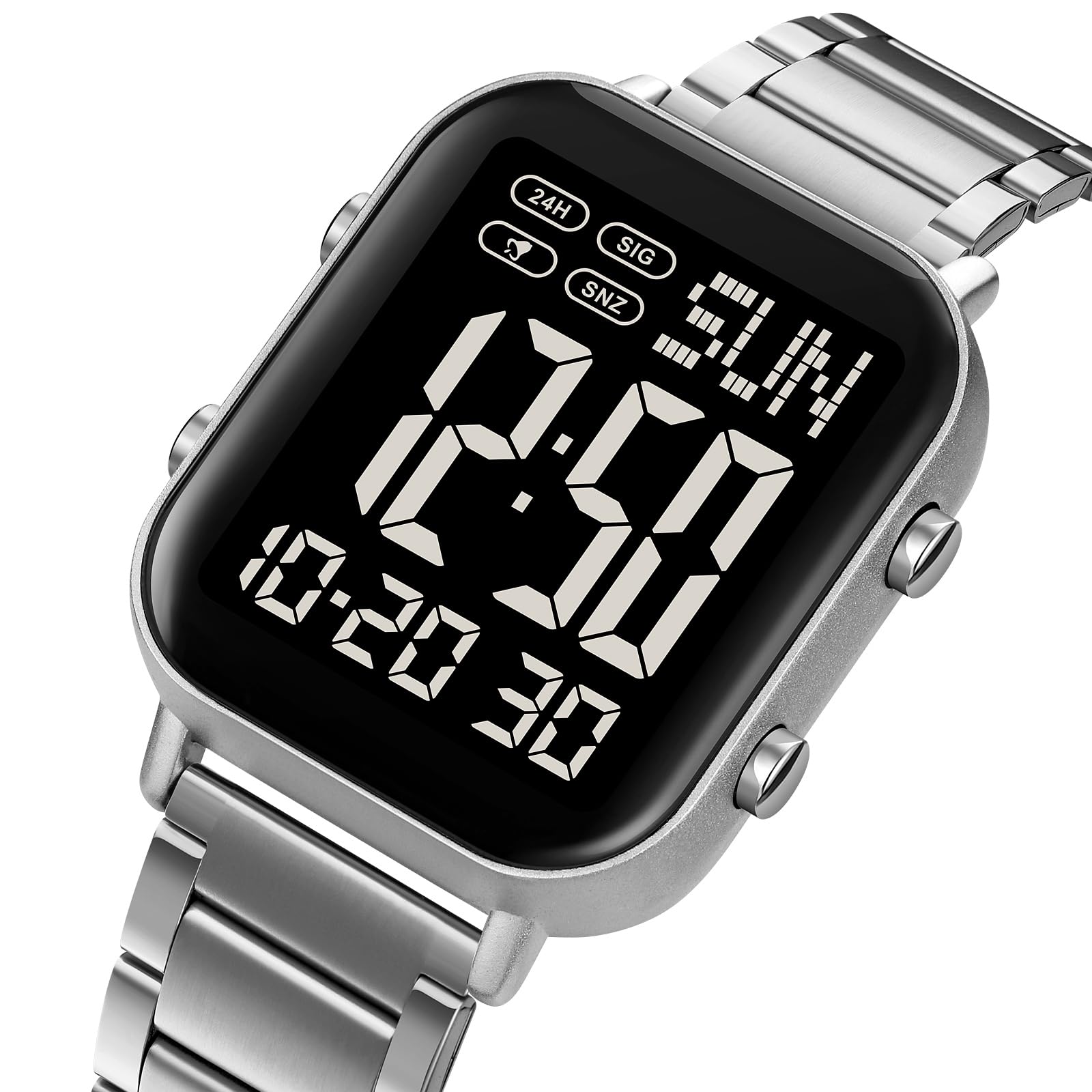 Digitális karóra, nagy számjegyekkel, LED-kijelzéssel, kettős időzónával, dátummal, 12/24 órás kijelzéssel, stopperrel – fém karkötővel – findtime