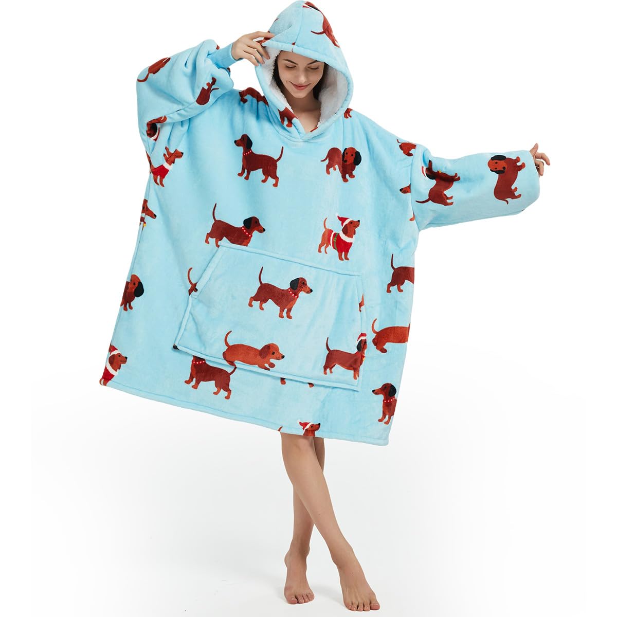 Hooded Snuggle Blanket with Sleeves Sherpa Fleece Oversized Pullover – One Size