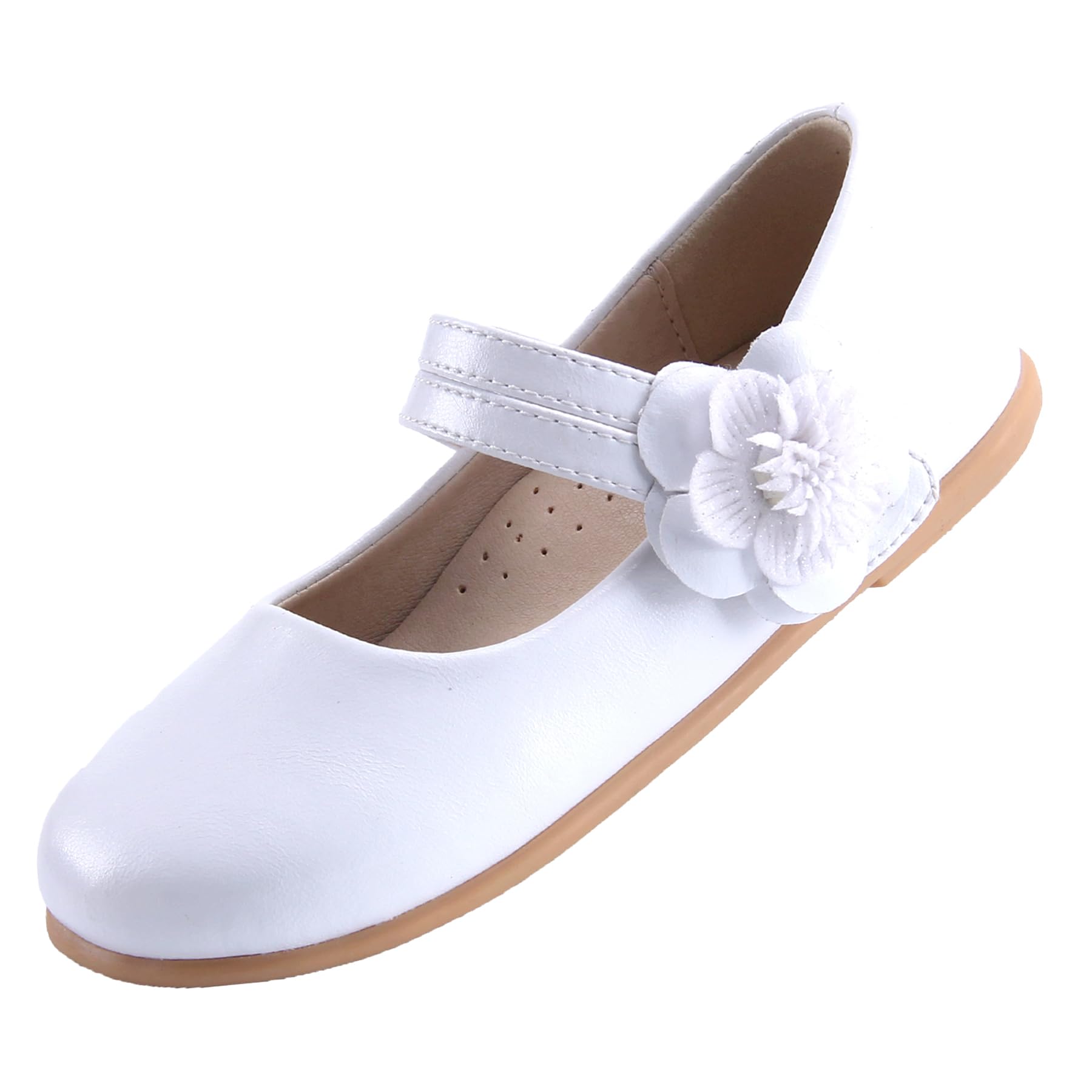 Toddler Girls Mary Jane Ballerina Shoes Microfibre Leather Flower Camellia – White EU28