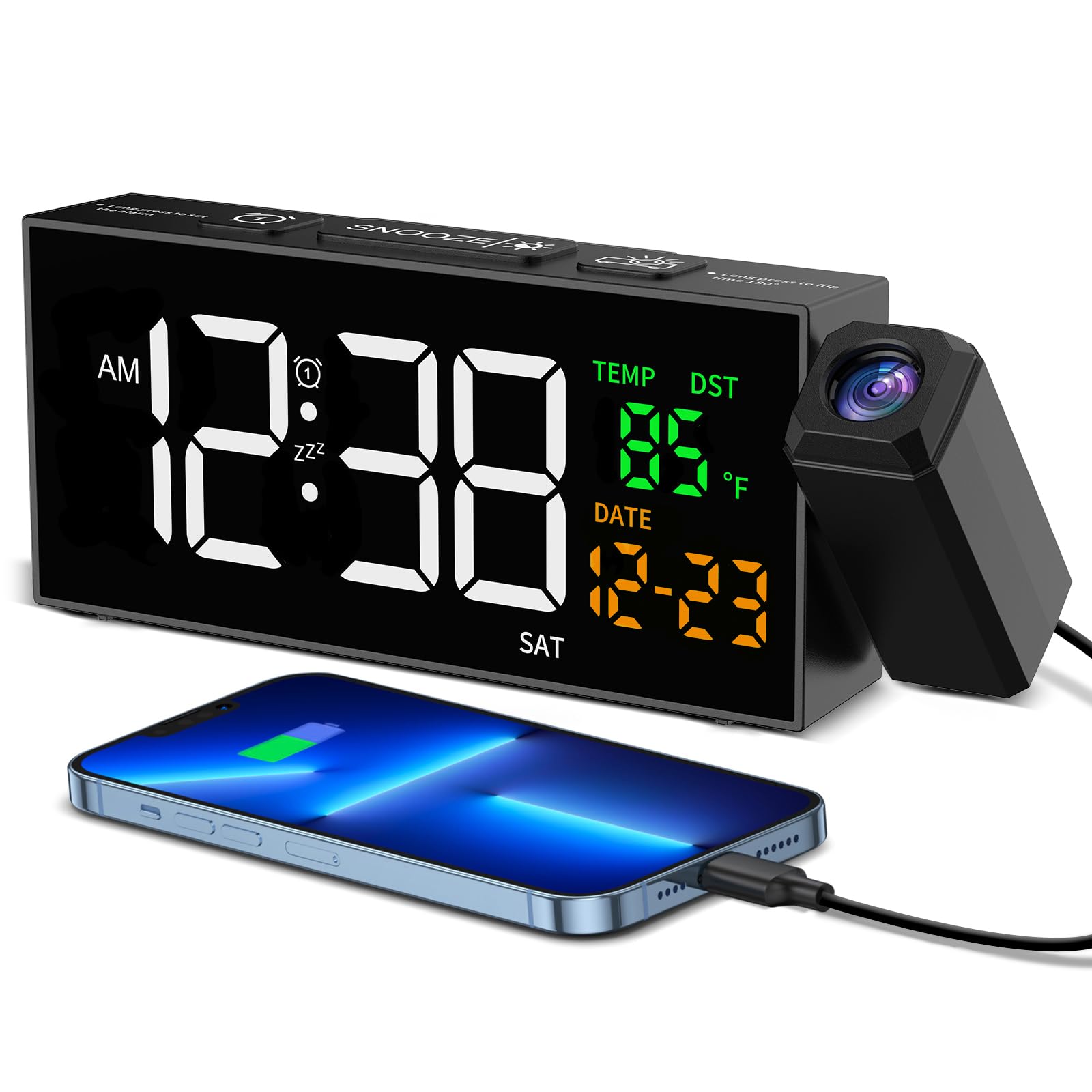 Digitaler Wecker mit Projektionsfunktion, 350°-Projektorwecker, Thermometer, Datumsanzeige, großes Display, 10 Klingeltöne, Schlummerfunktion, 5 Helligkeitsstufen, 4 Lautstärkestufen, manuelle Sommerzeitumstellung, geräuscharmer Wecker für Schlafzimmer