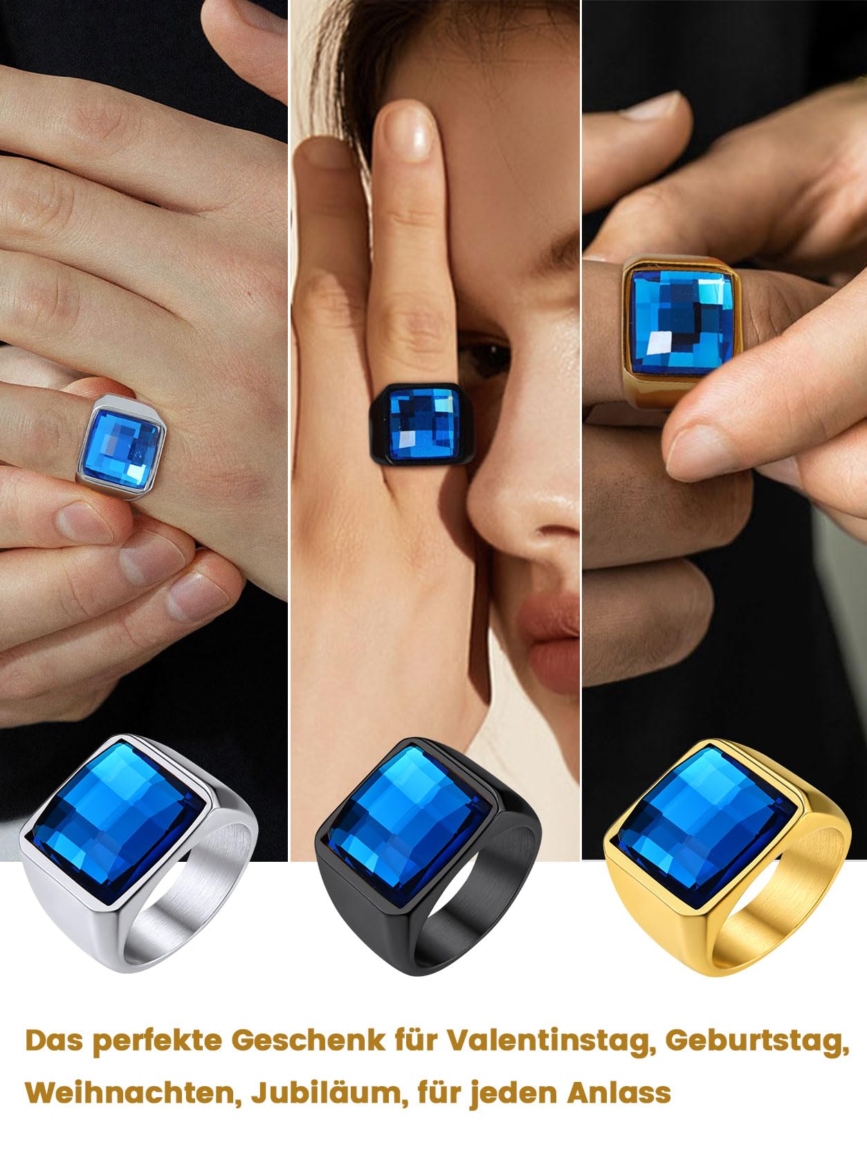 Men's Stainless Steel Signet Ring Blue Stone 15mm Wide Band – Gold 67mm – GoldChic
