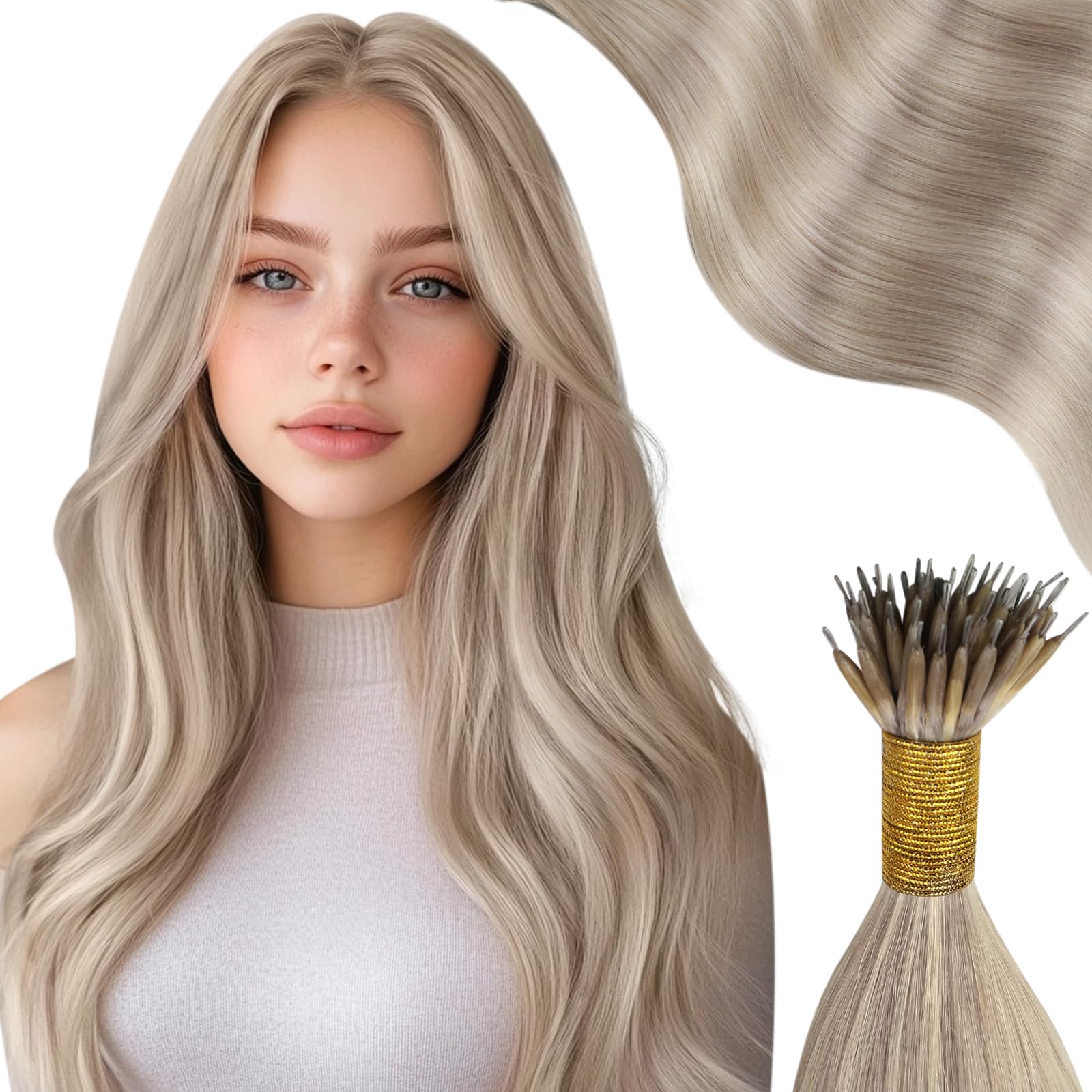 Moresoo Blonde Nano Hair Extensions Human Hair Ash Blonde with Platinum ...