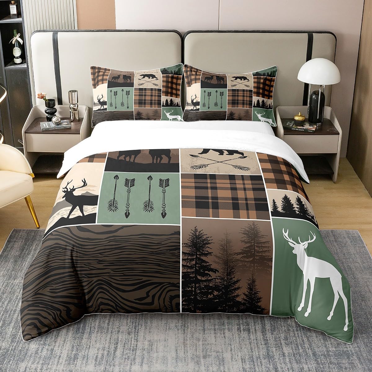 Farmhouse Rustic 100% Cotton Duvet Cover Set 220x240 Bear & Deer – Brown/Green