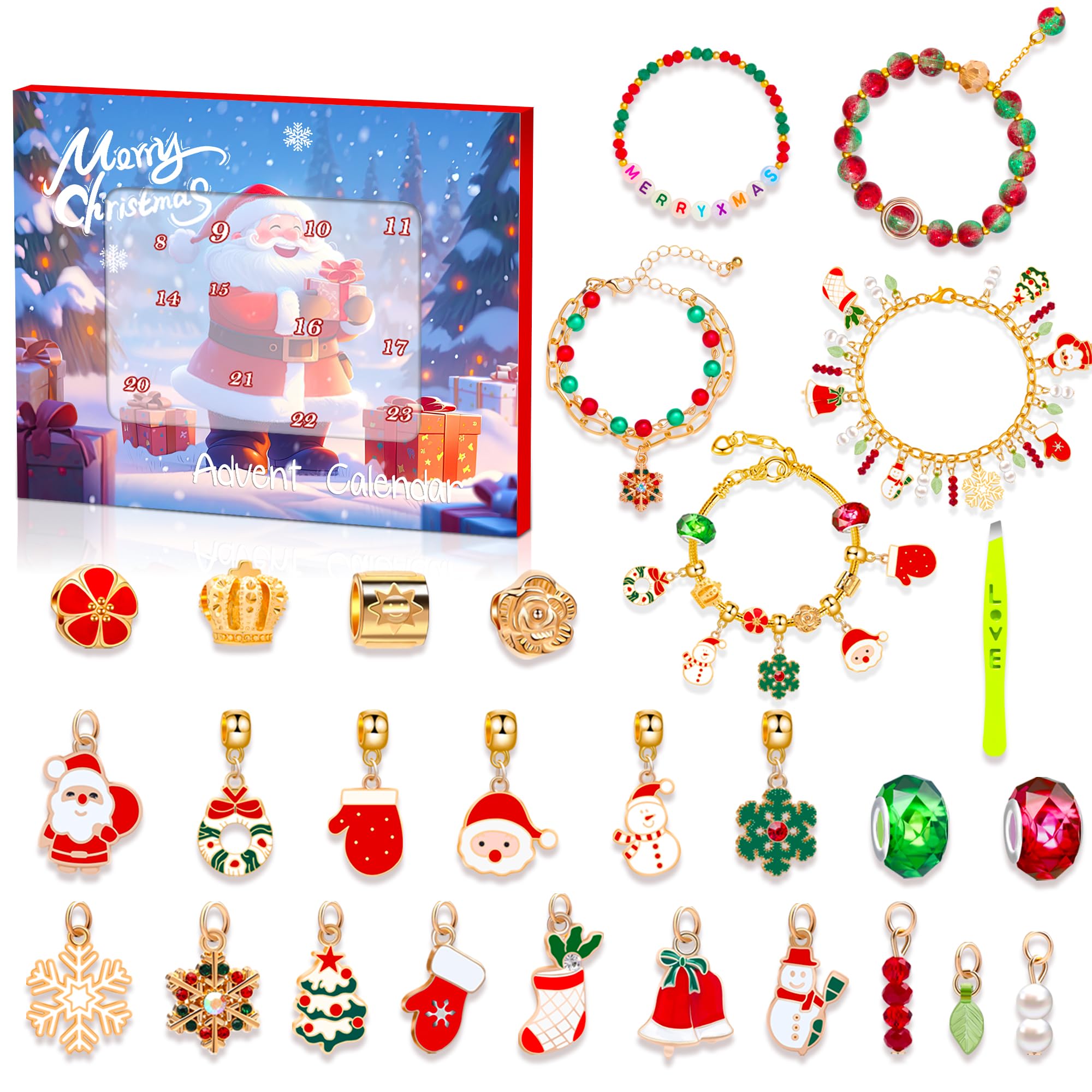 Christmas Advent Calendar Girl Bracelet 24 Days Of Xmas Countdown Calendar Surprise DIY Creative Jewelry Charm Making Kit