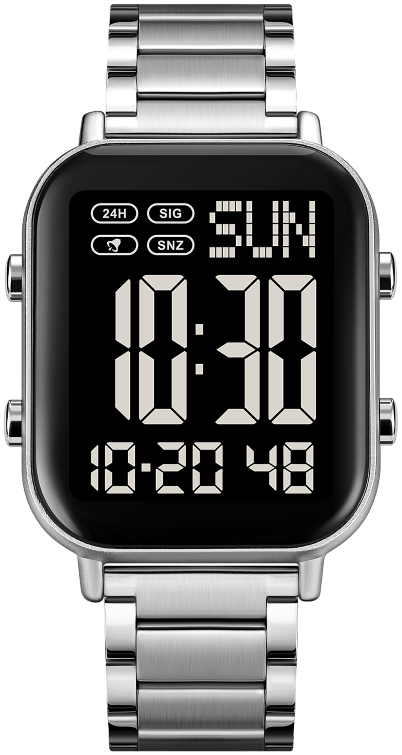 Digitaluhr mit großen Ziffern, LED-Anzeige, Dual-Zeit-Anzeige, Datum, 12/24-Stunden-Anzeige, Stoppuhr – Metallarmband – findtime