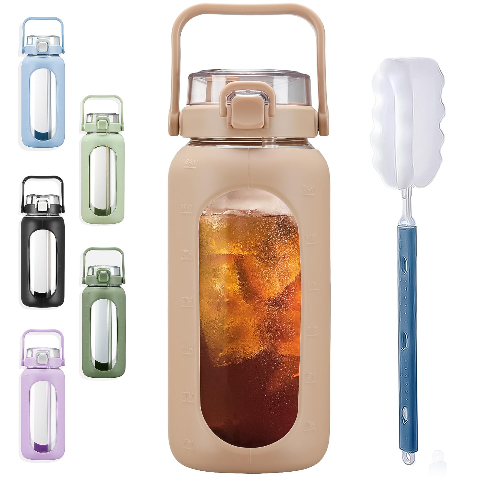 960 ml Glas-Wasserflasche mit Strohhalm und Silikonhülle mit Zeitmarkierung – Bernstein