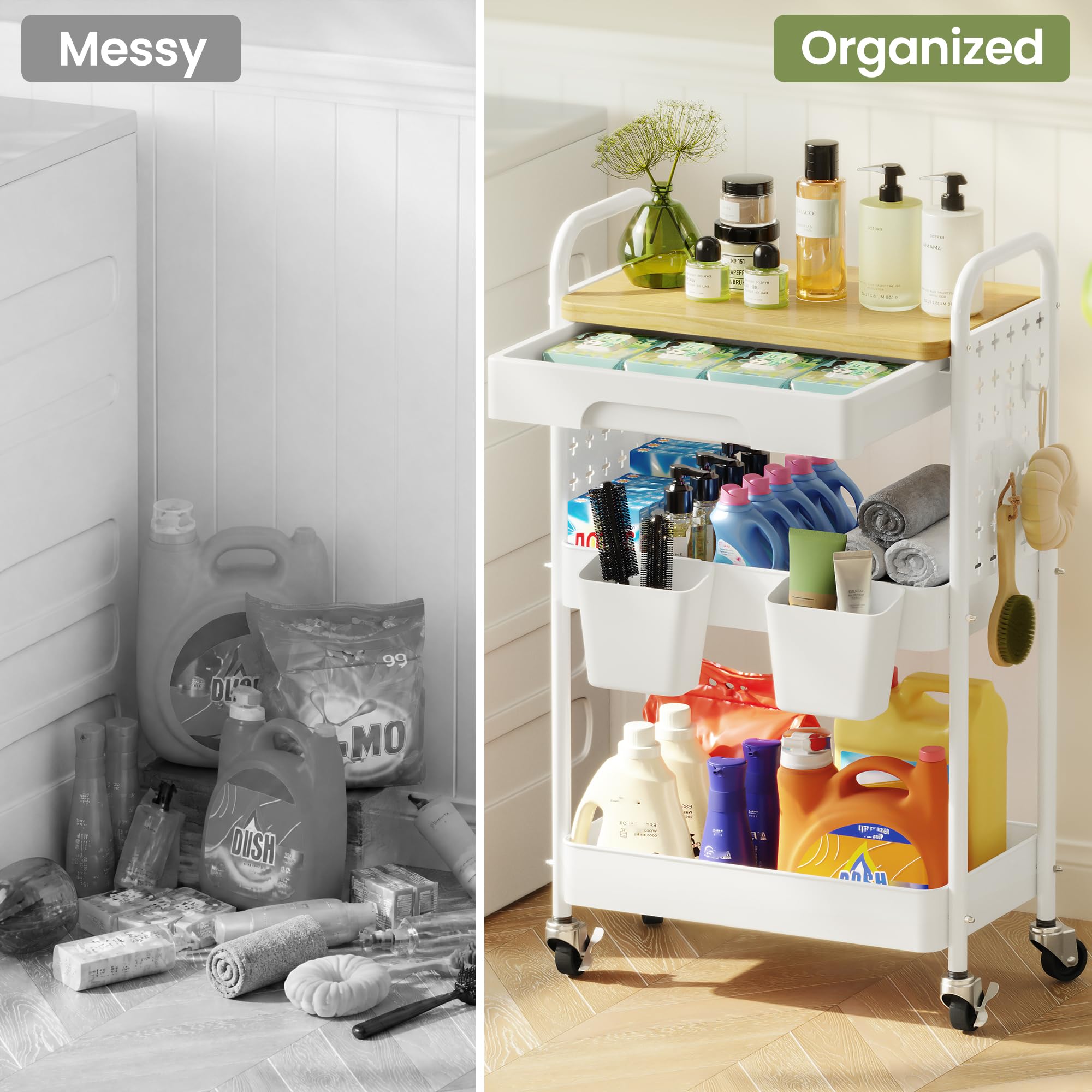 Supplied photograph 3 of 3-Tier Kitchen Storage Trolley on Wheels with Table Top Drawers Utility Cart – W